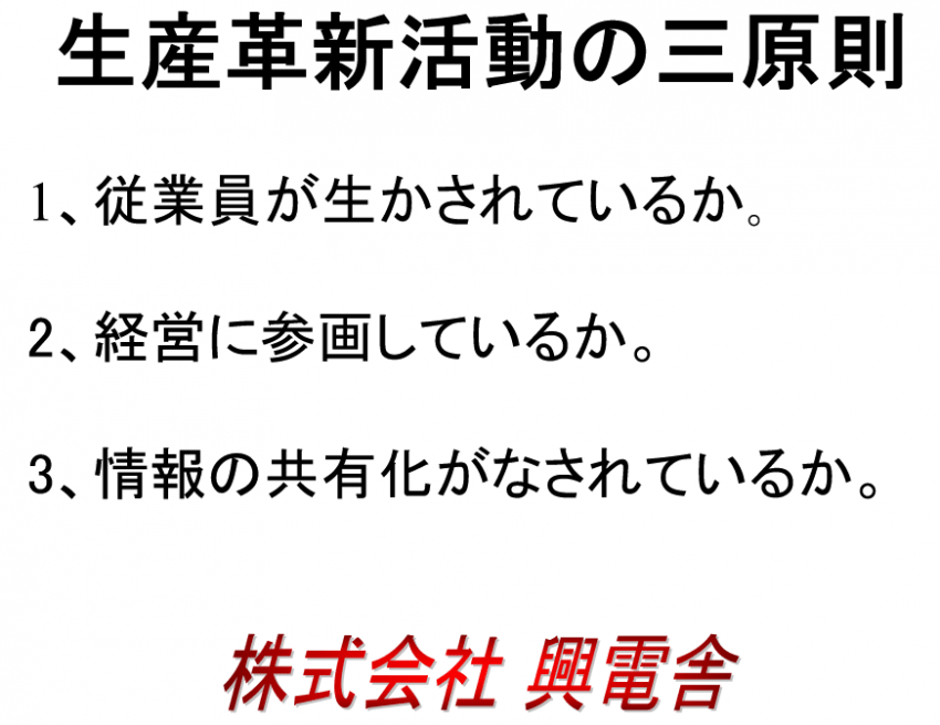 生産革新の三原則 ・従業員が生かされているか。 ・経営に参画しているか。 ・情報の共有化がなされているか。